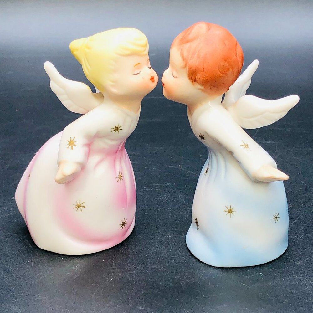 Vintage Schmid Bros Kissing Angel Figurines: 60s Kitsch Christmas Decor